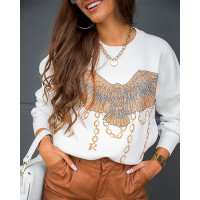 Eagle Pattern Letter Print Long Sleeve Sweatshirt - white