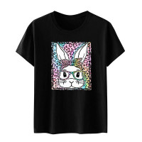 Easter Leopard Bunny Print Casual T-shirt - black