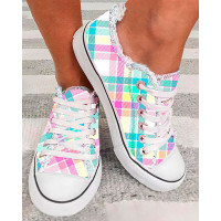 Easter Plaid Print Lace-up Fringe Hem Canvas Sneakers - Multicolor