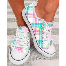 Easter Plaid Print Lace-up Fringe Hem Canvas Sneakers - Multicolor