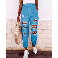 Elastic High Waist Pocket Detail Ripped Jeans - blue