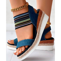 Elastic Strap Espadrille Platform Wedge Sandals - blue