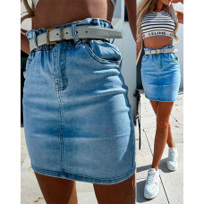 Elastic Waist Pocket Denim Skirt - blue