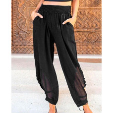 Elastic Waist Side Cutout Pants - black