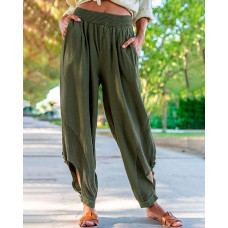 Elastic Waist Side Cutout Pants - green