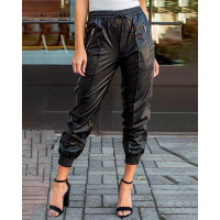 Elastic Waist Zipper Detail PU Pants - black