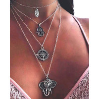 Elephant & Leaf Pendant Layered Chain Necklace - silver