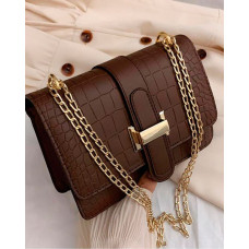 Embossed Chain Strap Flap Shoulder Bag - brown