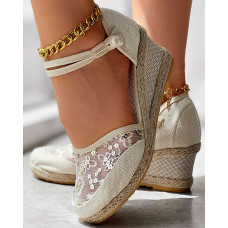 Embroidery Braided Espadrille Ankle Strap Wedge Sandals - beige