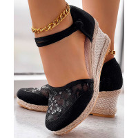 Embroidery Braided Espadrille Ankle Strap Wedge Sandals - black