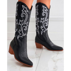 Embroidery Chunky Cowboy Boots - black