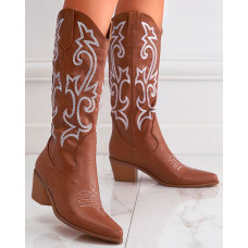 Embroidery Chunky Cowboy Boots - brown