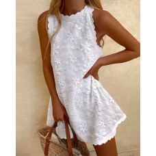 Embroidery Floral Scallop Trim Sleeveless Casual Dress - white