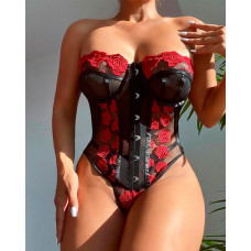 Embroidery Floral Sheer Mesh Bustier Set - black