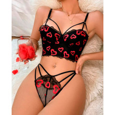 Embroidery Heart Sheer Mesh Lingerie Set - black