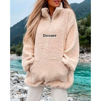 Embroidery Letter Pocket Zipper Front Fuzzy Sweatshirt - Apricot