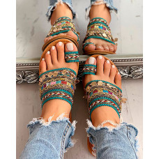 Ethnic Boho Style Toe Ring Slippers - blue