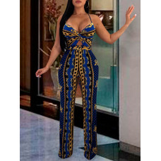 Ethnic Print Twist Cutout Tie Back Jumpsuit - blue