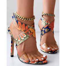 Ethnic Transparent Crisscross Thin Heeled Sandals - orange