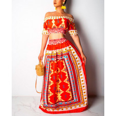 Exotic Print Off Shoulder Top & Maxi Skirt Sets - red