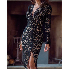 Eyelash Crochet Lace Slit Long Sleeve Dress - black