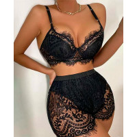 Eyelash Crochet Lace Spaghetti Strap Lingerie Set - black