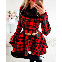 Eyelash Lace Plaid Long Sleeve Dress - red