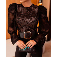 Eyelash Lace Puffed Sleeve Top - black