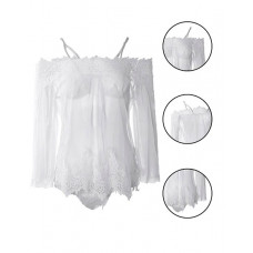 Eyelash Lace Sheer Mesh Cold Shoulder Babydoll - white