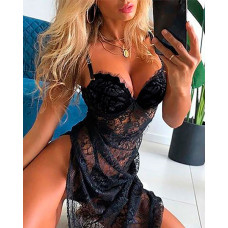 Eyelash Lace Sleeveless High Slit Babydoll - black