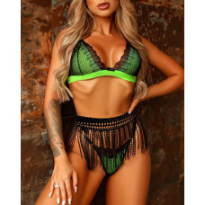 Eyelash Lace Tassel Design Bra Set - green