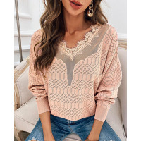 Eyelash Lace Trim Fishnet Design Hollow Out Sweater - pink