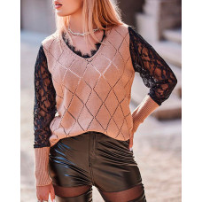 Eyelash Lace Trim Hollow Out Colorblock Sweater - coffee