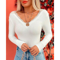 Eyelash Lace Trim Long Sleeve Skinny Top - white