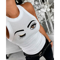 Eyelash Print Casual Tank Top - white