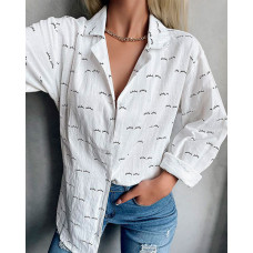 Eyelash Print Long Sleeve Button Down Shirt - white