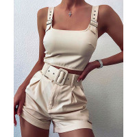 Eyelet Buckled Crop Tank Top & Shorts Set - beige