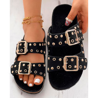 Eyelet Buckled Double Strap Casual Slippers - black