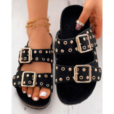 Eyelet Buckled Double Strap Casual Slippers - black