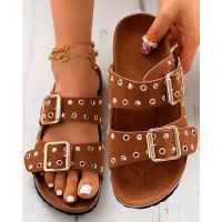 Eyelet Buckled Double Strap Casual Slippers - brown