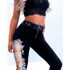 Eyelet Buckled Lace Patch Zipper Design Pants - black