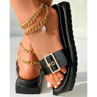 Eyelet Buckled Square Toe Slippers - black