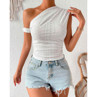 Eyelet Embroidery Asymmetrical Tank Top - white