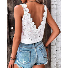 Eyelet Embroidery Backless Guipure Lace Tank Top - white