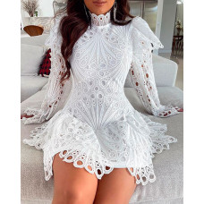 Eyelet Embroidery Bell Sleeve Lace Dress - white