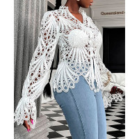 Eyelet Embroidery Button Front Bell Sleeve Top - white