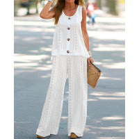 Eyelet Embroidery Buttoned Tank Top & Pants Set - white