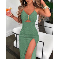 Eyelet Embroidery Chain Strap High Slit Dress - green