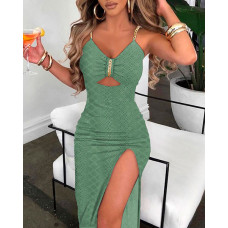 Eyelet Embroidery Chain Strap High Slit Dress - green