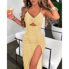 Eyelet Embroidery Chain Strap High Slit Dress - light yellow